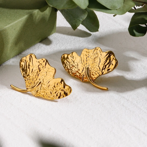 Pendientes De Hoja De Ginkgo Acero Inoxidable Chapado En Oro De 18K Textura Martillada Irregular Botánico Joyas Para Mujeres
