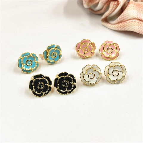 Elegant Rose Flower Stud Earrings Copper Gold Plated Enamel Dripping Oil Romantic Floral Jewelry For Women Girls