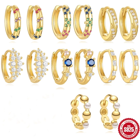 S925 Sterling Silver Huggie Hoop Earrings For Women Gold Plated Rhinestone Artificial Pearl Minimalist Jewelry Gift