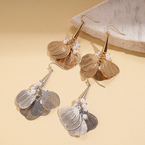 Elegant Flower Petal Dangle Earrings Copper With Imitation Artificial Pearl Hollow Mesh Water Drop Long Drop Ear Hooks