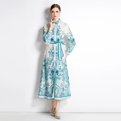 Vestito Lungo Da Donna Manica Lunga Stampa Floreale Paisley Con Collo A Fiocco Abbottonatura Cintura Vintage Elegante Linea A