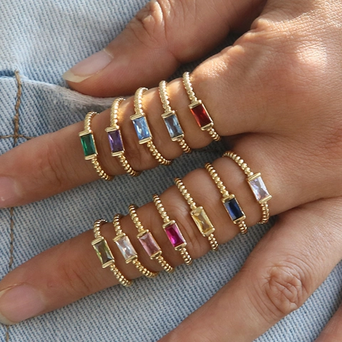 Birthstone Ring Brass 18K Gold Plated Baguette Cut Colorful Zircon Adjustable Open Finger Ring Jewelry For Women