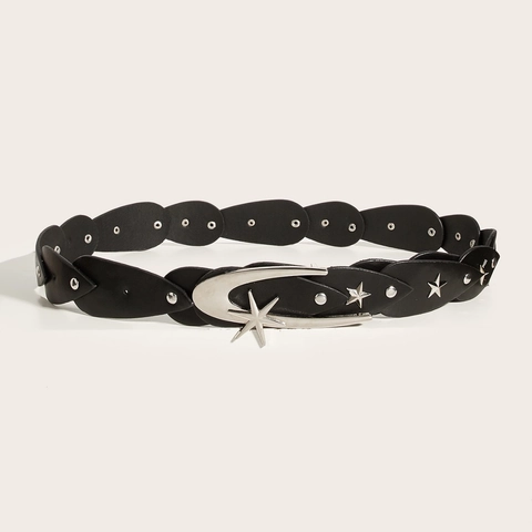 Dames Y2K Vintage PU Leren Riem Met Zilveren Ster Maan Metalen Gesp Klinknagels Punk Taille Riem Voor Muziekfestivals