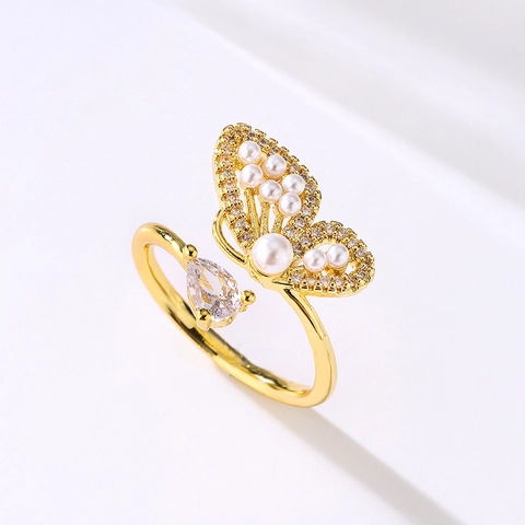 Women Adjustable Open Rings Copper 18K Gold Plated Zircon Synthetic Artificial Pearl Butterfly Turtle Frog Star Design Fashion Jewelry