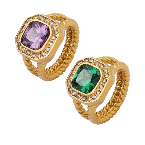 Vintage Geometrischer Zirkon Ring Vergoldeter Edelstahl Gedrehtes Seilband Übertriebener Statement Schmuck Für Damen