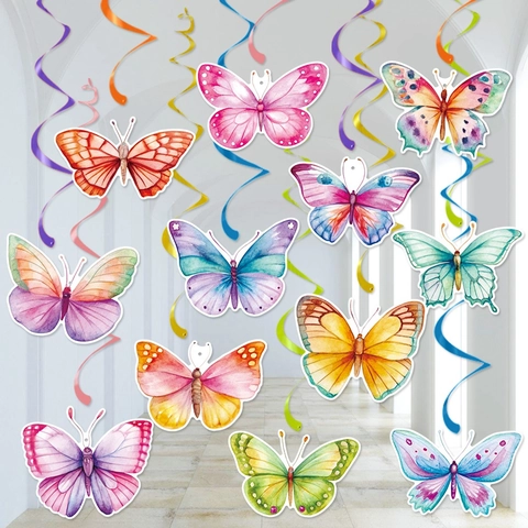 Butterfly Hanging Swirl Decorations Watercolor Paper Spring Theme Birthday Party Wedding Baby Shower Ceiling Ornament Decor