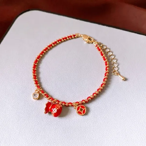 Red Braided Rope Bracelet 18K Gold Plated Copper Zircon Lucky Bag Coin Pendants New Chinese Style Adjustable For Women
