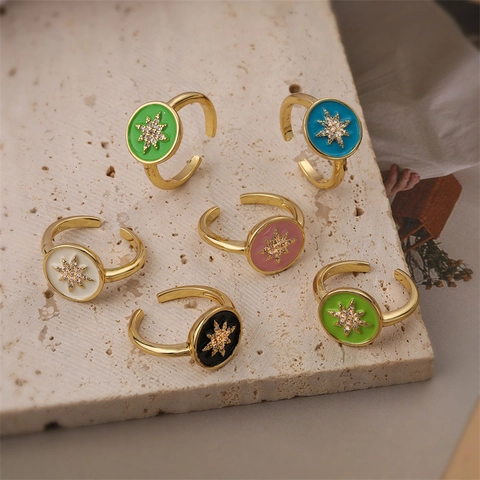Anello Aperto Regolabile Stella A Otto Punte Rame Zircone Smalto Placcato Oro Gioielli Da Dito Colorati Donna