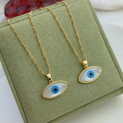 Evil Eye Necklace 18K Gold Plated Copper Natural Mother Of Artificial Pearl Oval Marquise Pendant Figaro Chain Jewelry For Women