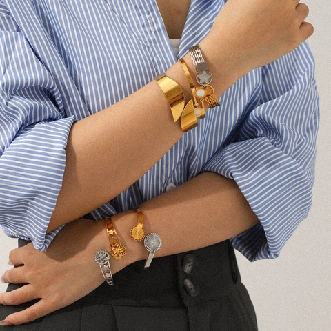 Brazaletes De Acero Inoxidable Oro Plata Bicolor Números Romanos Estrella Flor Hueca Ancha Abierta Ajustable Joyas