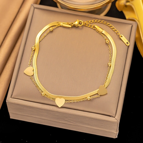 Gold Plated Titanium Steel Heart Pendant Anklet With Snake Chain Beads Foot Chain Jewelry For Women Stackable Ankle Bracelet