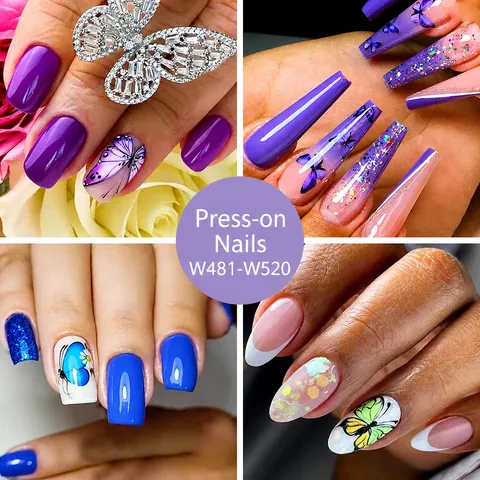 Elegantes Uñas Postizas a Presión con Mariposas y Flores Lujo Brillo Francés Forma de Ataúd Almendra Uñas Postizas para Mujer Manicura Diaria Fiesta