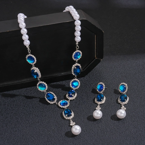 Gioielli Stile Corte Vintage Collana E Orecchini Cristallo Blu Strass Lega Finta Perla Artificial Perno Orecchini Argento Donna