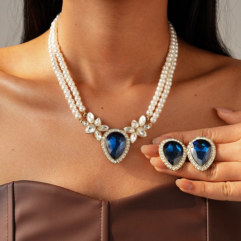 Retro Palace Luxury Necklace And Earrings Blue Water Drop Rhinestone Alloy Faux Artificial Pearl Bridal Wedding Jewelry