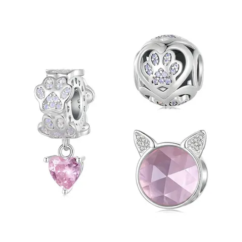 Pink Cat Paw Print Bead Heart Pendant 925 Sterling Silver For DIY Bracelet Jewelry Making Sweet Cute Romantic Charms