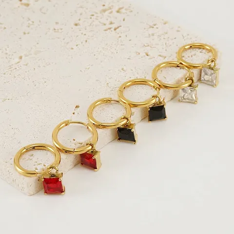 Hoop Earrings 18K Gold Plated Stainless Steel With Square Colorful Cubic Zirconia Pendant Geometric For Women