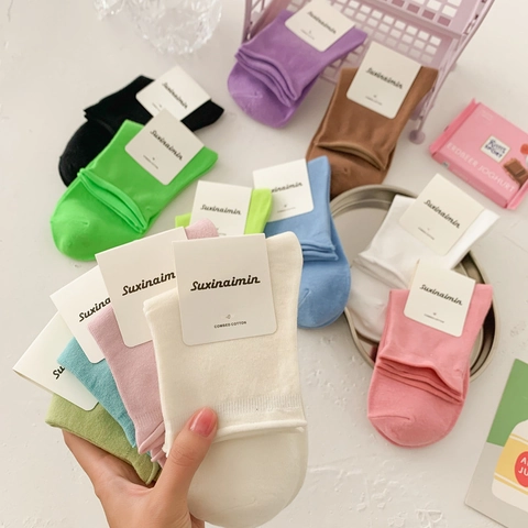 Women Slouch Socks Combed Cotton Breathable Rolled Edge Mid-Calf Solid Candy Color Japanese Style