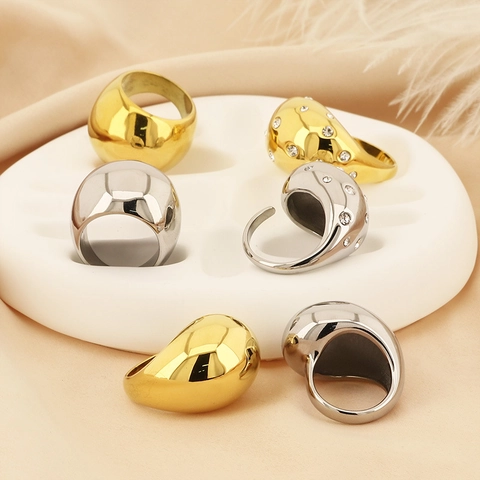 Chunky Dome Ring Edelstahl 18K Vergoldet Zirkonia Eingelegt Minimalistisch Organische Form Übertriebener Schmuck Damen