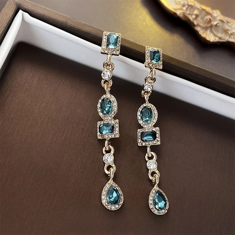 Vintage Emerald Green Rhinestone Geometric Dangle Earrings Copper With 925 Sterling Silver Earring Post Elegant Women