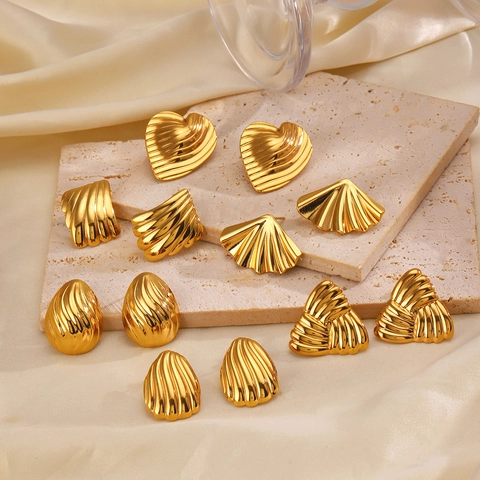Orecchini A Lobo Geometrici Testurizzati Acciaio Inossidabile Vintage Cuore Triangolo Conchiglia Forme Placcato Oro Gioielli Donna