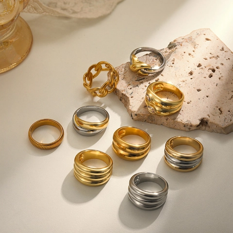 Vintage Two Tone 18K Gold Plated Copper Wide Band Rings Minimalist Geometric Stackable Finger Rings Jewelry For Men Women