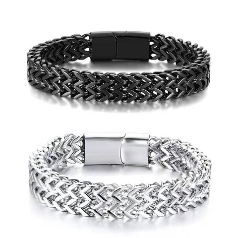 Men Stainless Steel Wide Chain Bracelet Double Layer Woven Wheat Texture Punk Hip Hop Jewelry