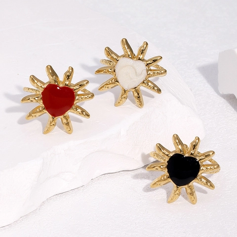 Sunburst Herz Offener Ring Edelstahl 18K Vergoldet Emaille Verstellbarer Fingerschmuck Für Damen