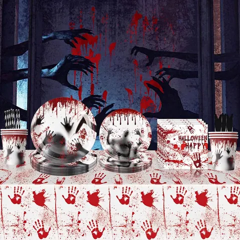 Stoviglie Usa E Getta Halloween Piatti Carta Bicchieri Tovaglioli Tovaglia Posate Impronta Insanguinata Decorazioni