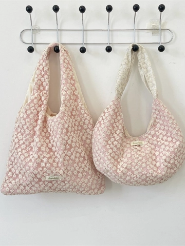 Sweet Pink White Floral Lace Mesh Shoulder Bag For Women Daisy Embroidery Canvas Tote Bag Large Capacity Underarm Hobo Bag