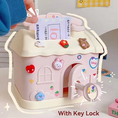 Kawaii Cartoon House Shaped Piggy Bank Plastic Money Saving Box With Portable Handle And Key Lock DIY Stickers For Kids Girls