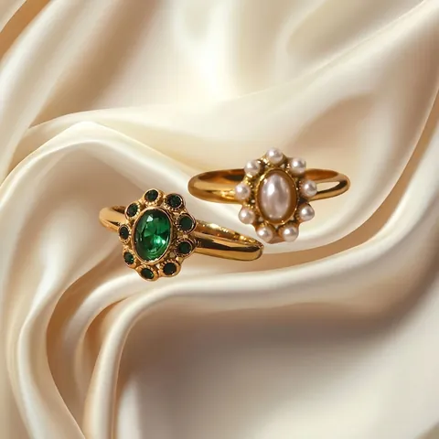 Vintage Emerald Green Zircon Flower Ring Stainless Steel Gold Plated Niche Design Palace Style For Women
