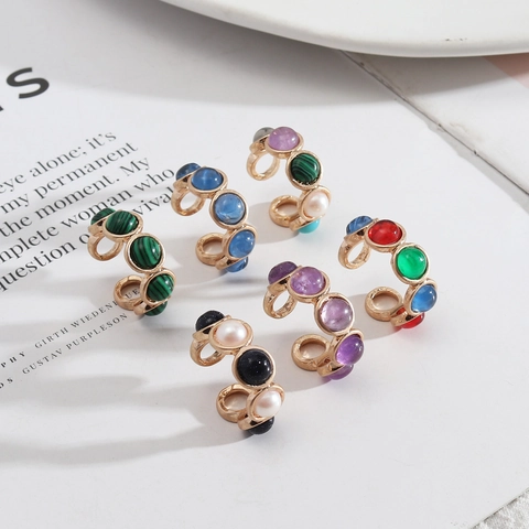 Colorful Natural Stone Open Adjustable Ring Alloy Inlaid Amethyst Artificial Pearl Resin Malachite Vintage Jewelry For Women