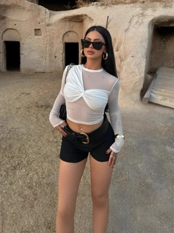 Mesh Transparante Crop Top Met Lange Mouwen Dames Ronde Hals Twist Knoop Voorzijde Geplooid Sexy Clubwear Polyester Top