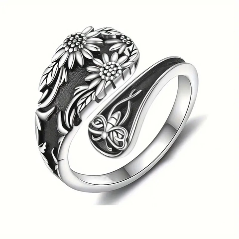 Vintage Bohemian Sunflower And Bee Open Adjustable Ring For Women Retro Antique Silver Nature Floral Jewelry