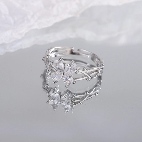 Anillo Abierto Flor Ajustable Cobre Zircón Incrustado Estilo Vid Bosque Joyería Elegante Regalo Para Mujeres