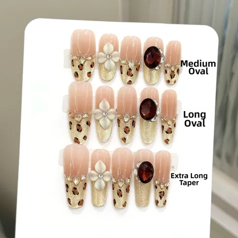 Handmade Luxury Amber Leopard Print Press On Nails With 3D Relief Flowers Cat Eye Glitter Coffin Oval Fake Nails For Women