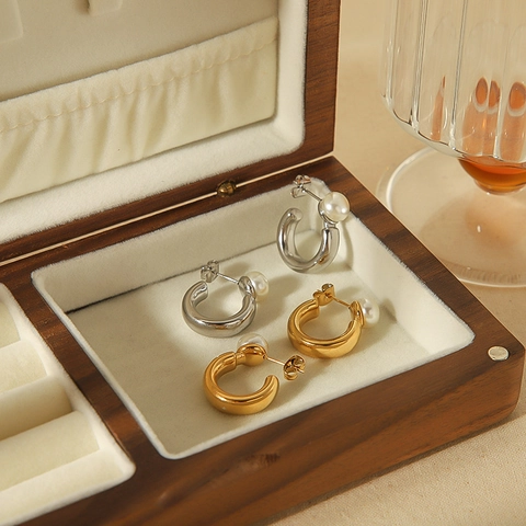 Pendientes De Aro En Forma De C De Acero Inoxidable Con Perla Artificial Blanca Joyería De Moda Elegante Para Mujer