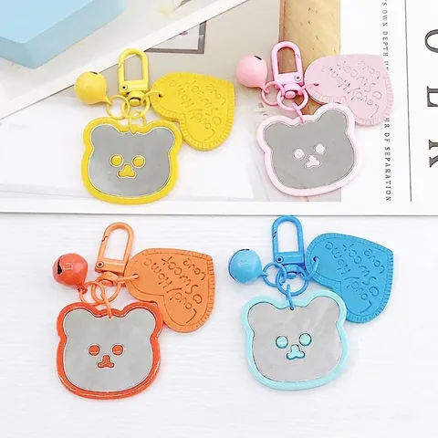 Portachiavi Specchio Orso Cartone Animato Kawaii Acrilico Pendente Borsa Decorazione Con Campanello Cuore Accessorio Anello