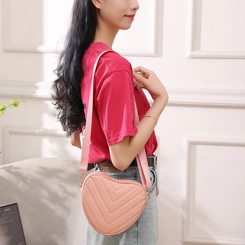 Heart Shaped Crossbody Bag PU Leather V-Quilted Chevron Pattern Fashion Small Shoulder Purse For Women