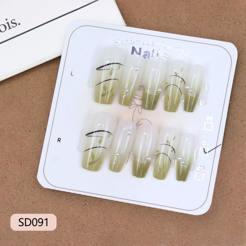 Uñas Postizas Artesanales Ataúd Largo Degradado Verde Blanco Con Perla Artificial Diseño Botánico Uñas Artificiales Para Mujeres