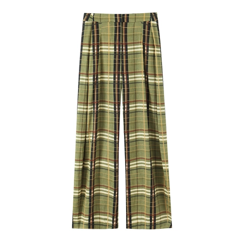 Pantalones De Cuadros De Talle Alto Para Mujer Mezcla De Poliéster Y Algodón Tartán Pierna Ancha Rectos Casual