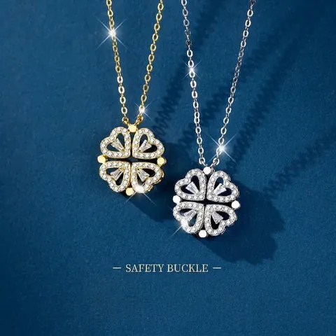 Folding Magnetic Four Leaf Clover Heart Necklace Stainless Steel Copper Zircon Rhinestone Women Fashion Jewelry Gift