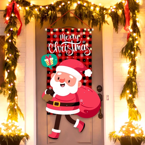 Banner Natalizio Poliestere Quadri Rosso Nero Babbo Natale Decorazione Parete Esterna Merry Christmas