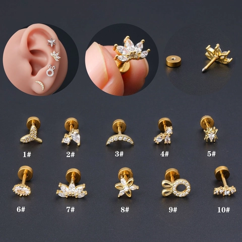 Orecchino Cartilagine Gioielli Piercing Acciaio Inossidabile E Zircone Intarsiato Rame Luna Fiore Borchie Vite Piatta Donna