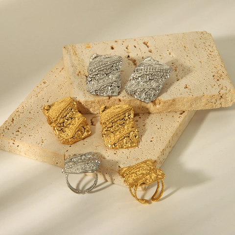 Vintage French Hammered Geometric Stud Earrings And Open Rings 18K Gold Plated Stainless Steel Waterproof For Women