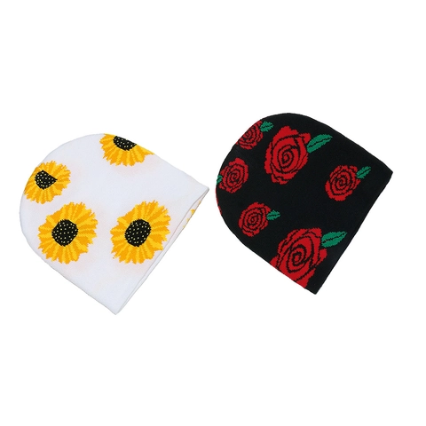 Gorro Beanie De Punto Para Mujer Acrilico Jacquard Floral Rosa Girasol Estilo Streetwear Invierno Calido