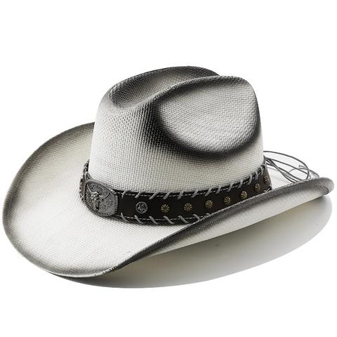 Vintage Western Cowboy Hat Paper Straw Woven Bull Head Buckle Leather Belt Wide Brim Breathable Sun Hat For Men Women