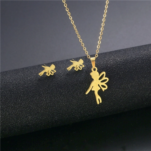 Stainless Steel Hollow Fairy Silhouette Necklace And Stud Earrings Jewelry Set Rainbow Gold Silver Angel Pendant Clavicle Chain For Women