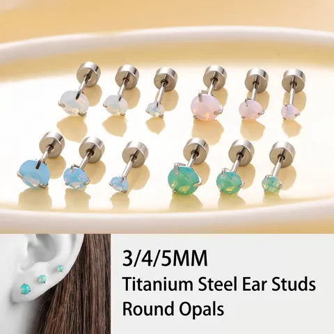 Synthetic Opal Titanium Steel Cartilage Stud Earrings Round Claw Setting Screw Flat Back Piercing Jewelry For Women