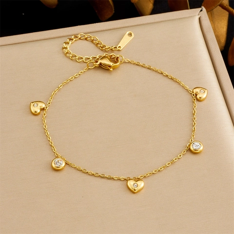 Stainless Steel Bracelet Gold Plated Heart Round Zircon Pendant Adjustable Chain Exquisite Fashion Jewelry Women